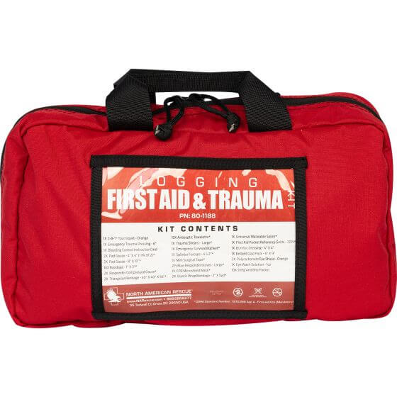 Rugged soft case logging first aid and trauma kit for forestry crews, construction, and field responders