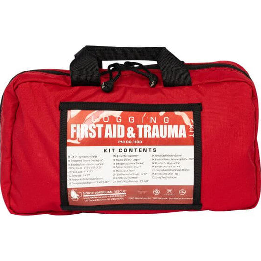 Rugged soft case logging first aid and trauma kit for forestry crews, construction, and field responders