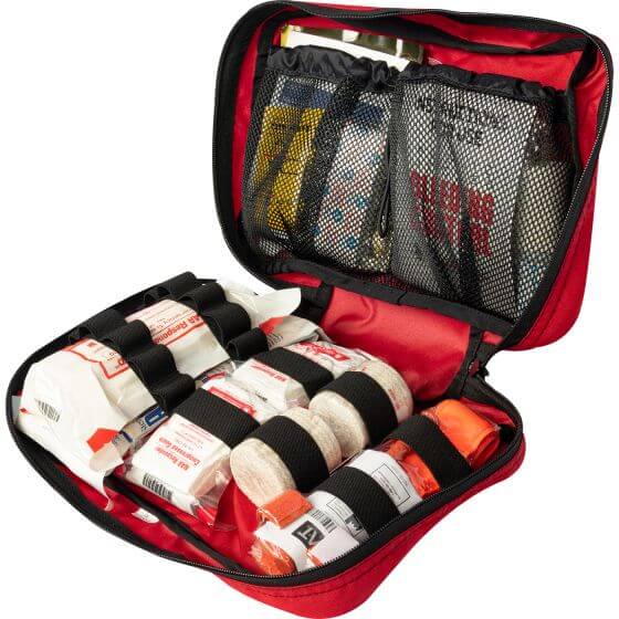 Rugged soft case logging first aid and trauma kit for forestry crews, construction, and field responders
