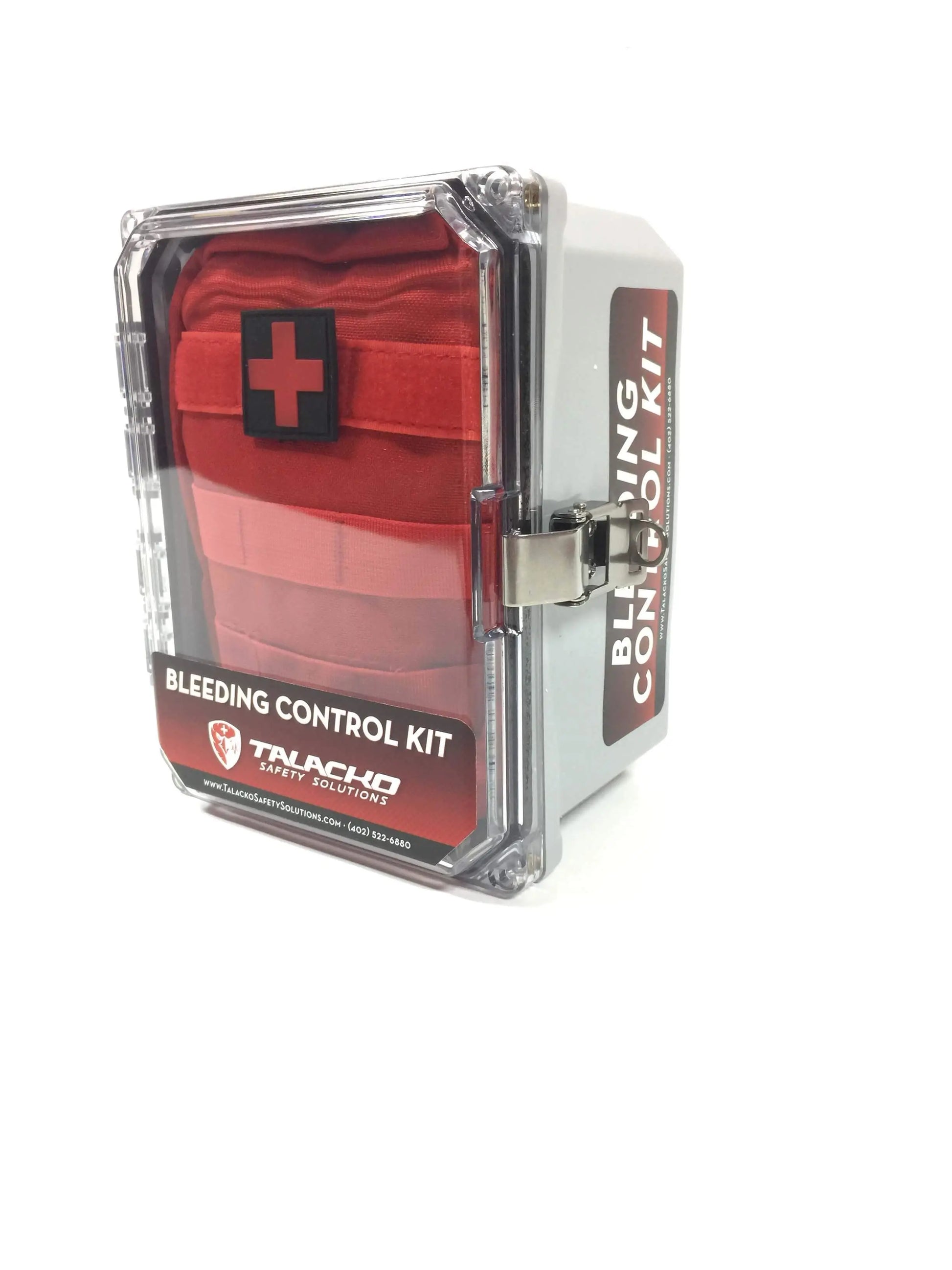 Basic Bleeding Control Kit in Nylon bag with 8x6x4 public access enclosure. Bleeding control wall station with trauma kit including tourniquet, bandages, and supplies for emergencies