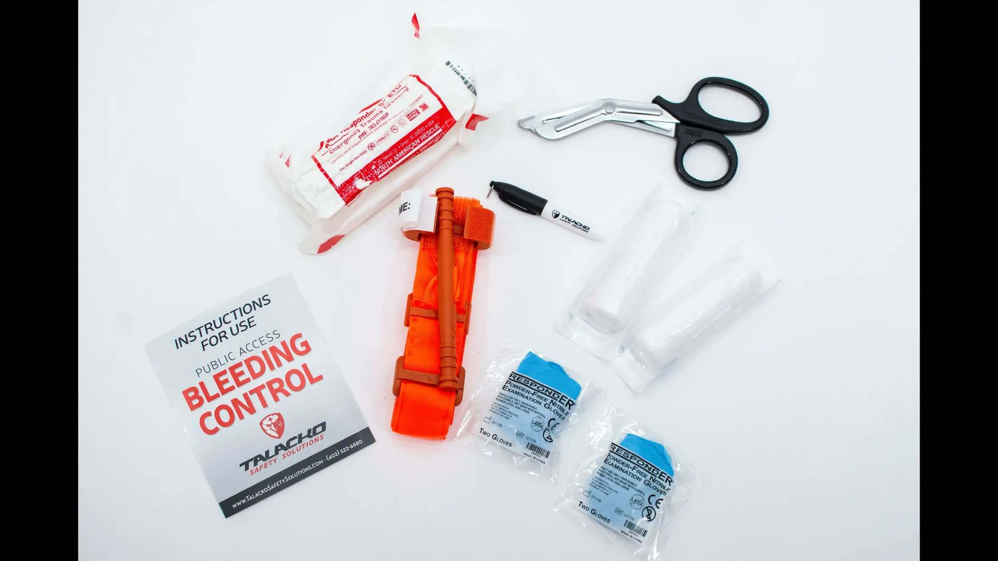 Basic bleeding control supplies Portable bleeding control kit with tourniquet, bandages, and trauma supplies for schools and workplaces