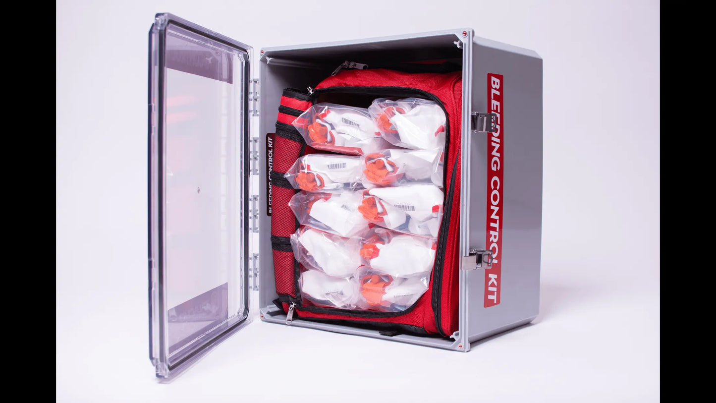 King Bleeding Control Station with tactical backpack, can hold anywhere from 1 to 18 individual bleeding control kits. (Standard is 8 but larger quantity can be custom ordered)