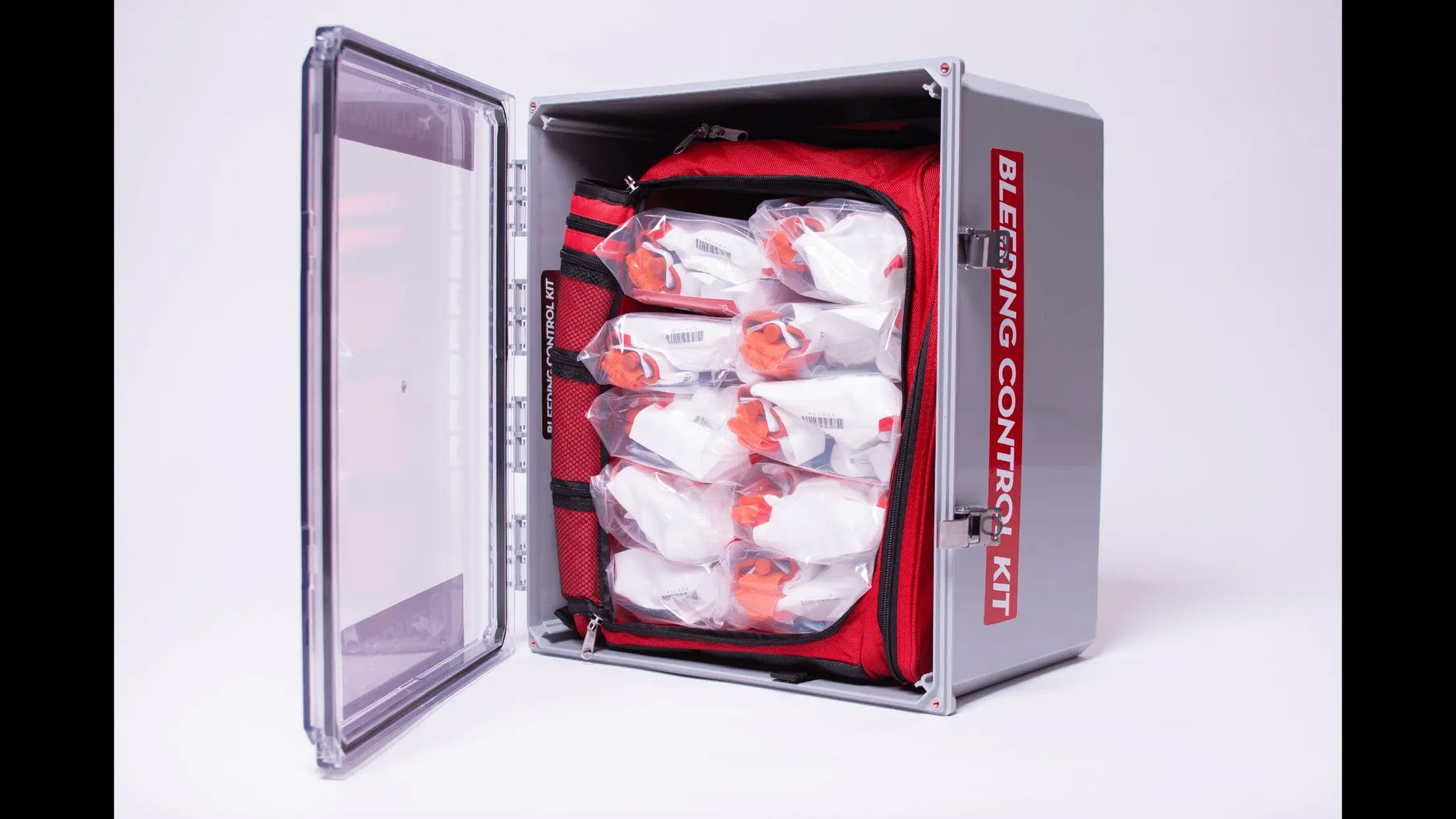 King Bleeding Control Station with tactical backpack, can hold anywhere from 1 to 18 individual bleeding control kits. (Standard is 8 but larger quantity can be custom ordered)