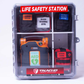 Life Safety Station, one enclosure with adjustable shelves Life safety station combining AED, first aid, and trauma kits for community and workplace safety