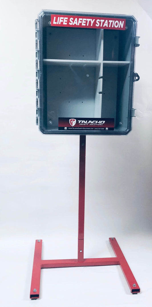 Mobile emergency platform stand for AEDs, first aid kits, and bleeding control gear in public areas
