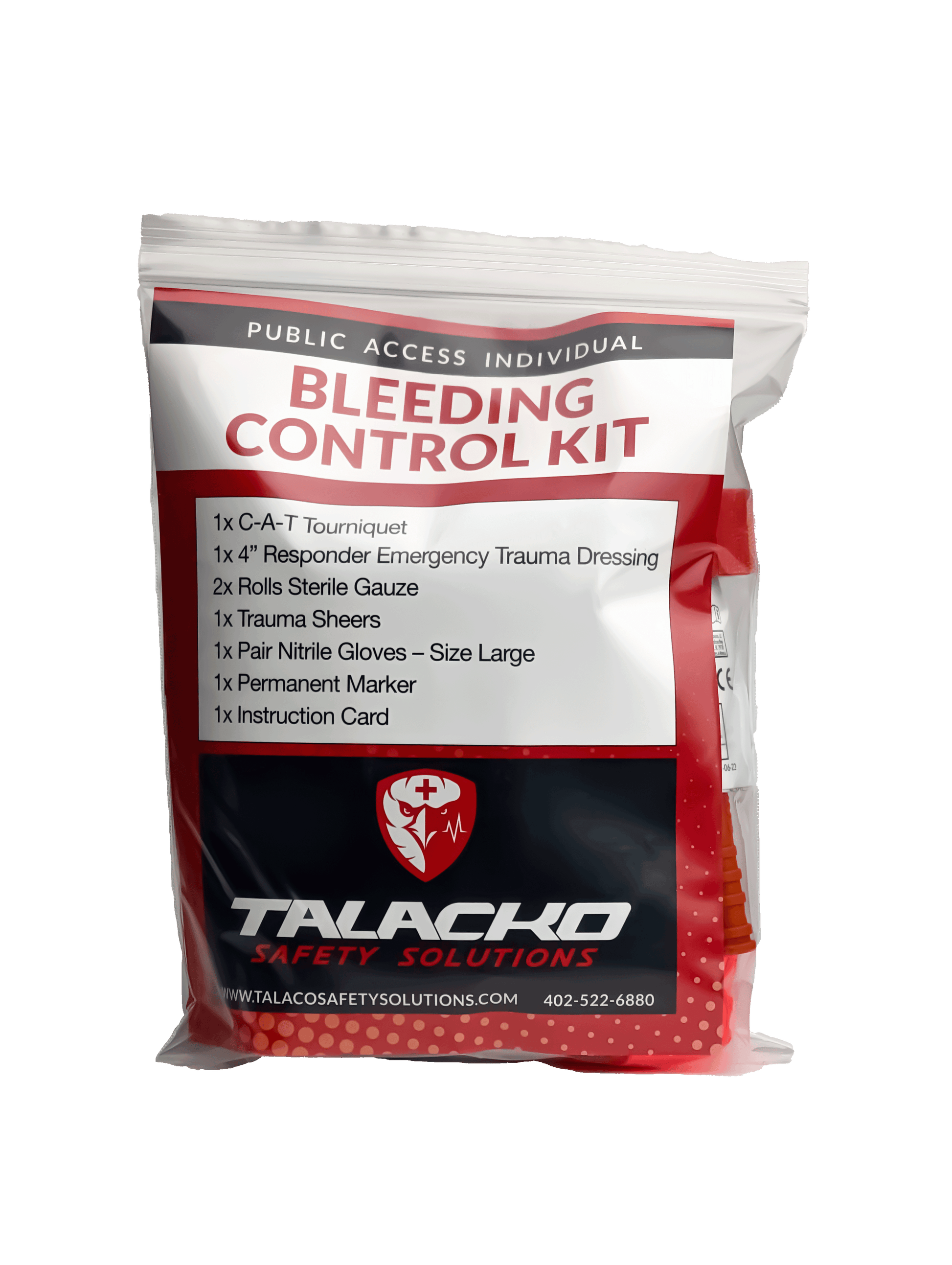 Portable bleeding control kit with tourniquet, bandages, and trauma supplies for schools and workplaces
