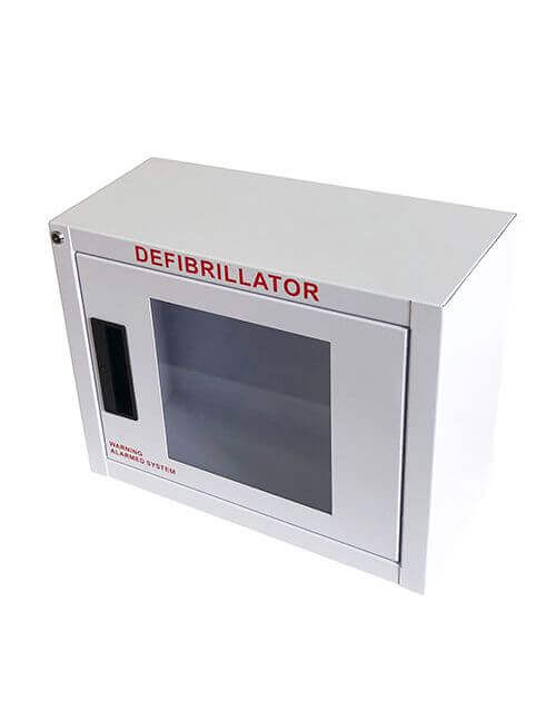 Large white AED wall cabinet for storing defibrillators in gyms, schools, offices, and public buildings