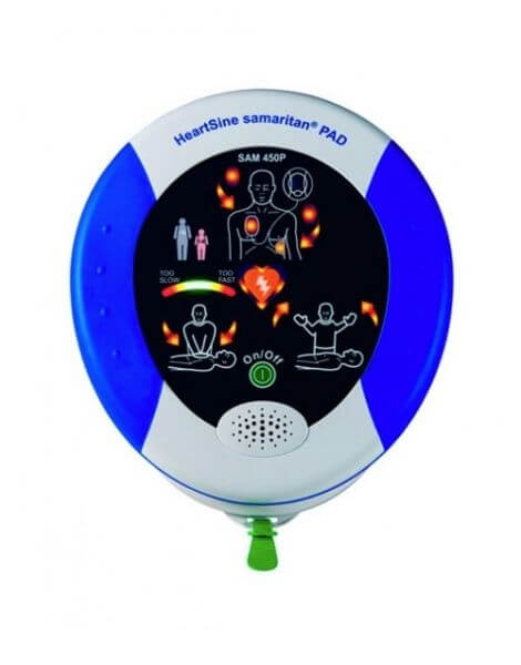 HeartSine Samaritan 450P AED with CPR feedback for schools, churches, offices, and community safety